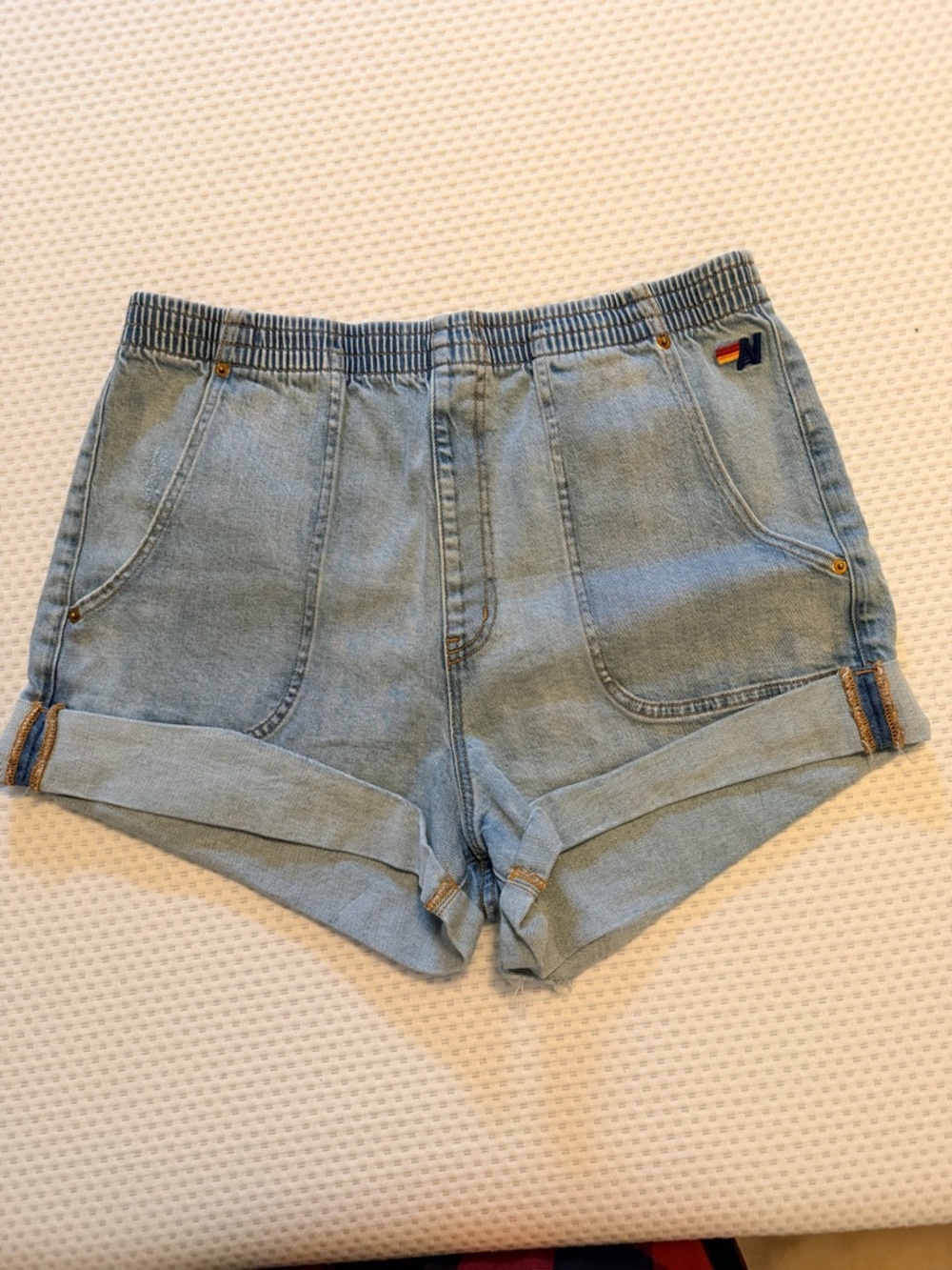 Aviator Nation Light Wash Denim Shorts with Rainbow Checker Pockets - Picture 4 of 4